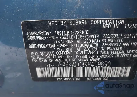 2019 Subaru Forester z USA, uszkodzony, nr VIN JF2SKACC3KH459690